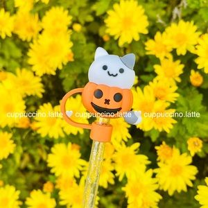 🎃NEW🤍Halloween White Cat & Smiling Pumpkin Straw Topper Cover